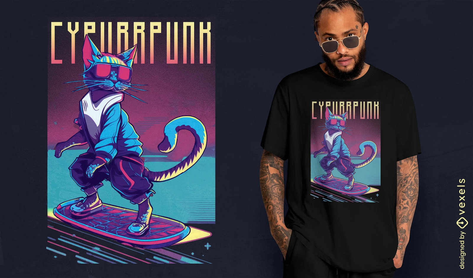Diseño de camiseta de gato skater cyberpunk.