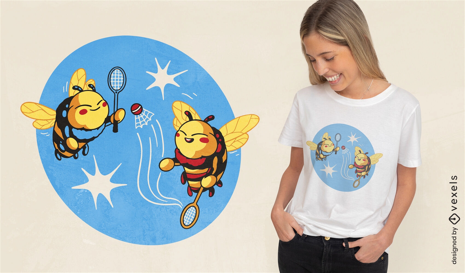 Animais de abelha jogando design de camiseta de badminton