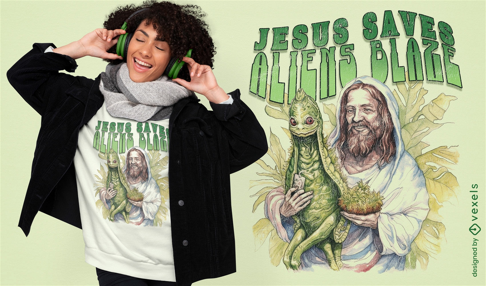 Jesus and an alien funny psd t-shirt