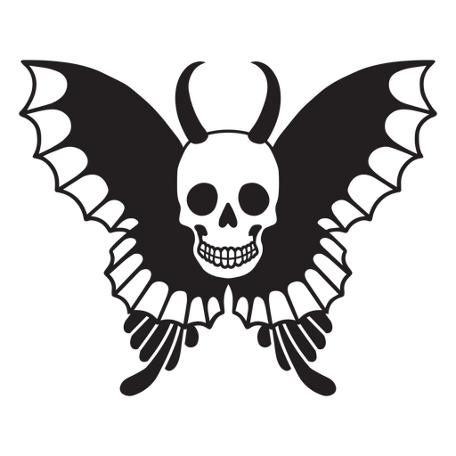 Imagen en blanco y negro de una mariposa con cuernos y una calavera. Diseño PNG