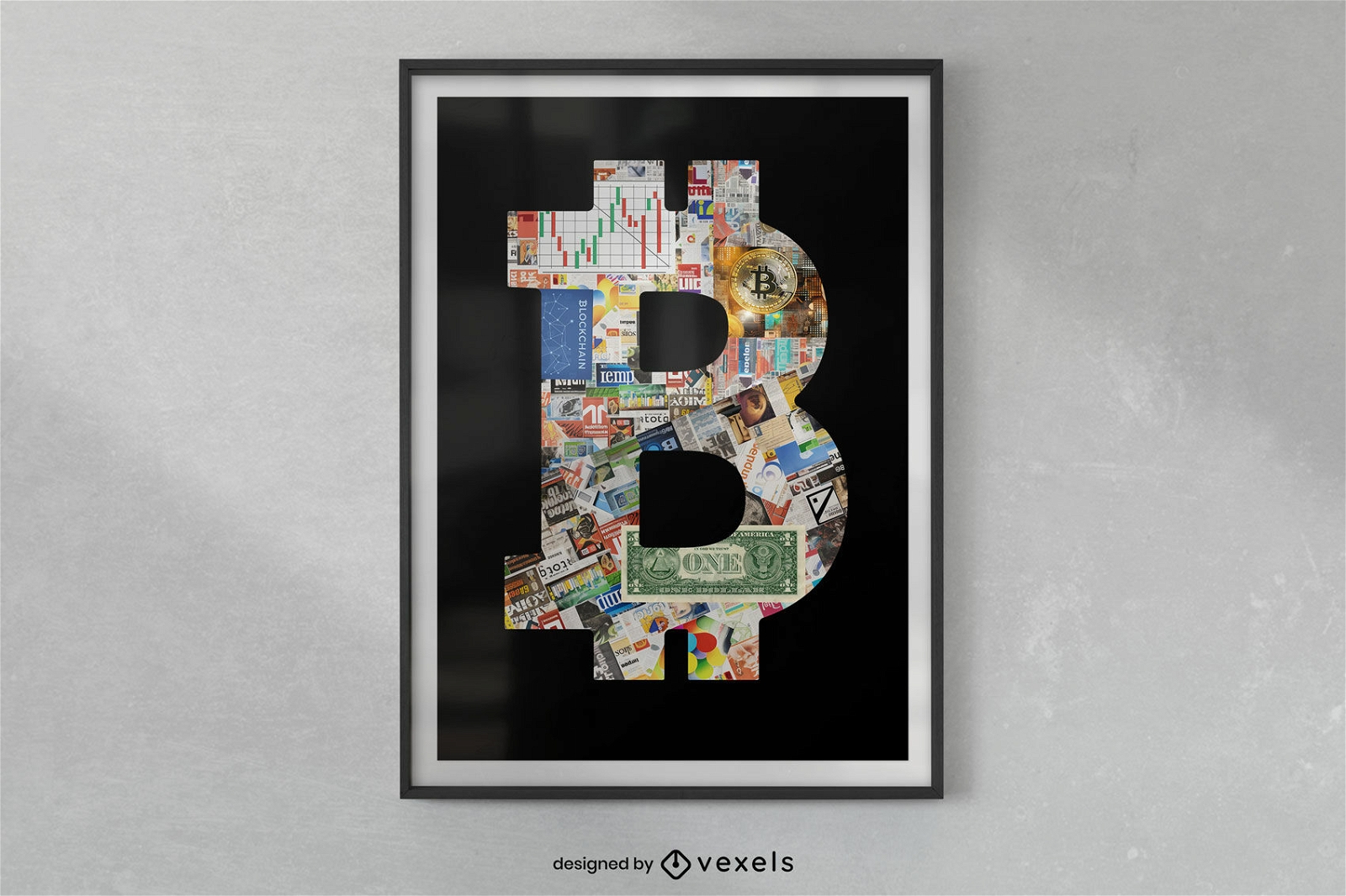 Cartel de collage de moneda bitcoin.