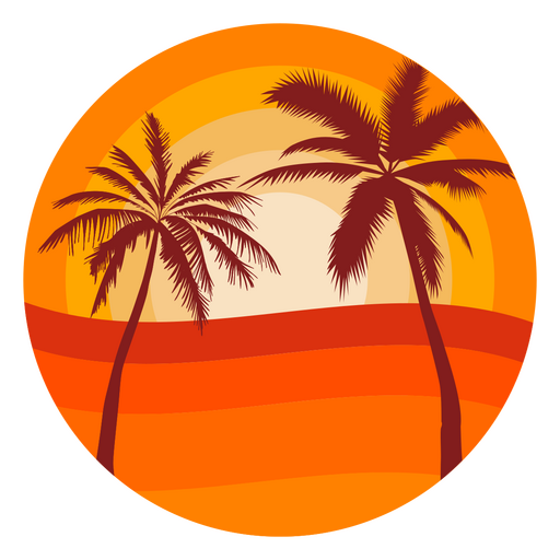 Dos palmeras en un círculo naranja con una puesta de sol Diseño PNG