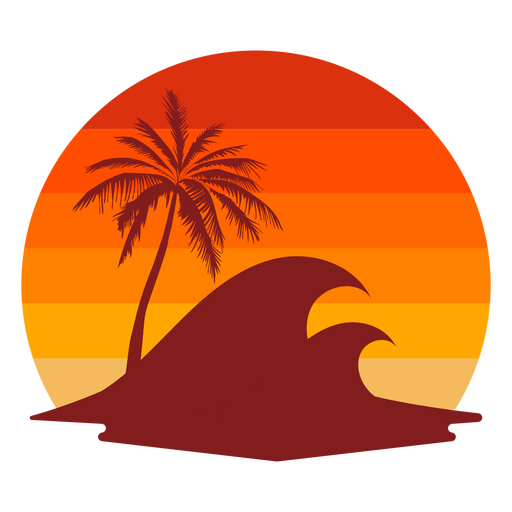 Silhouette einer Palme und einer Welle bei Sonnenuntergang PNG-Design