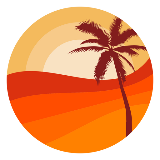 Círculo con una palmera y una puesta de sol. Diseño PNG