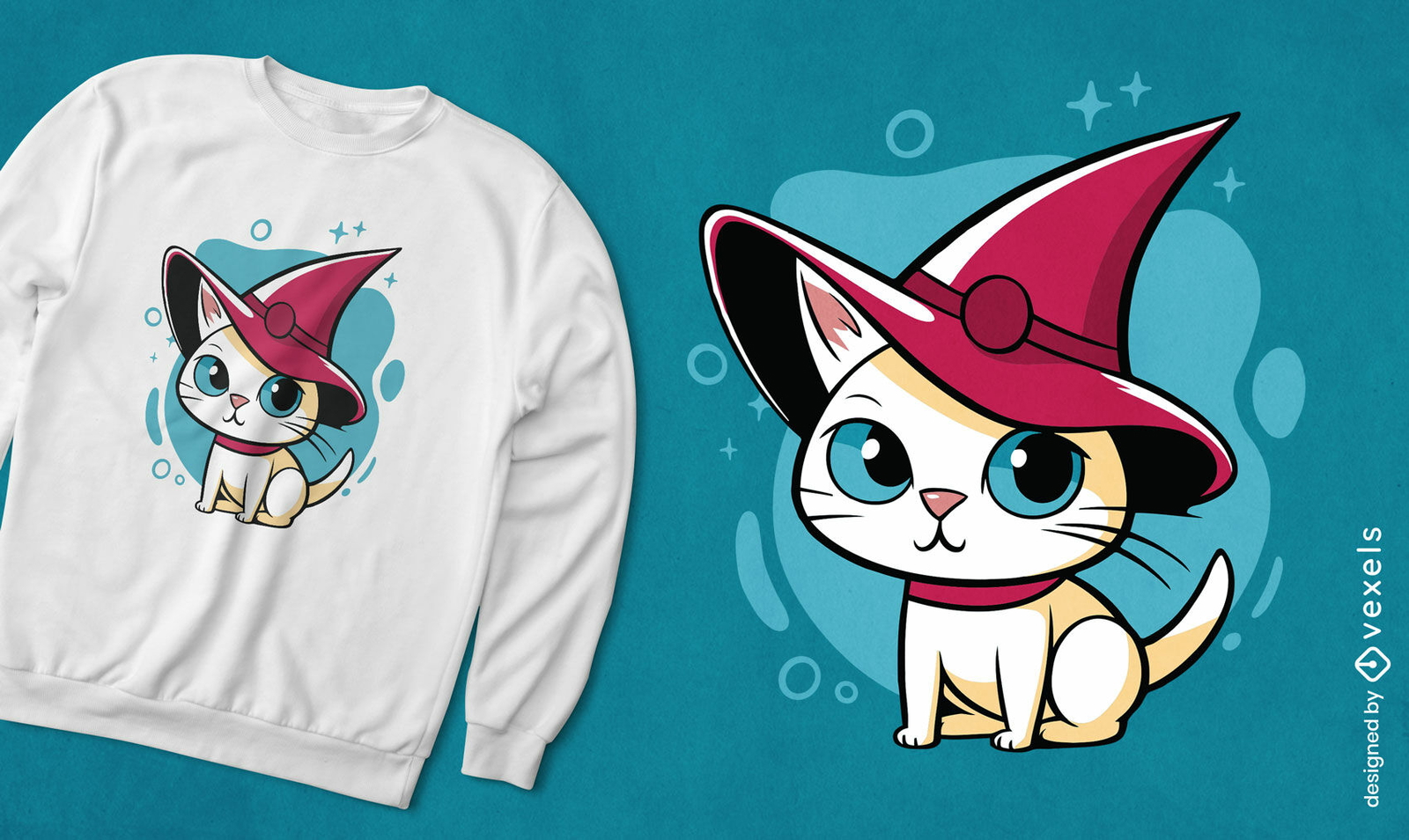 Diseño de camiseta de bruja animal gato blanco