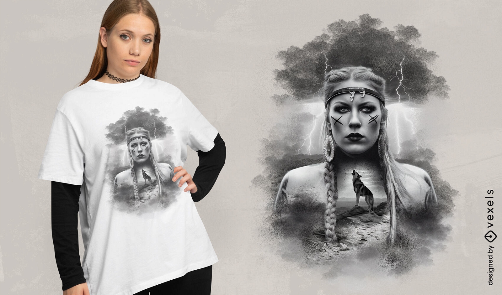 Camiseta mulher viking e lobo psd