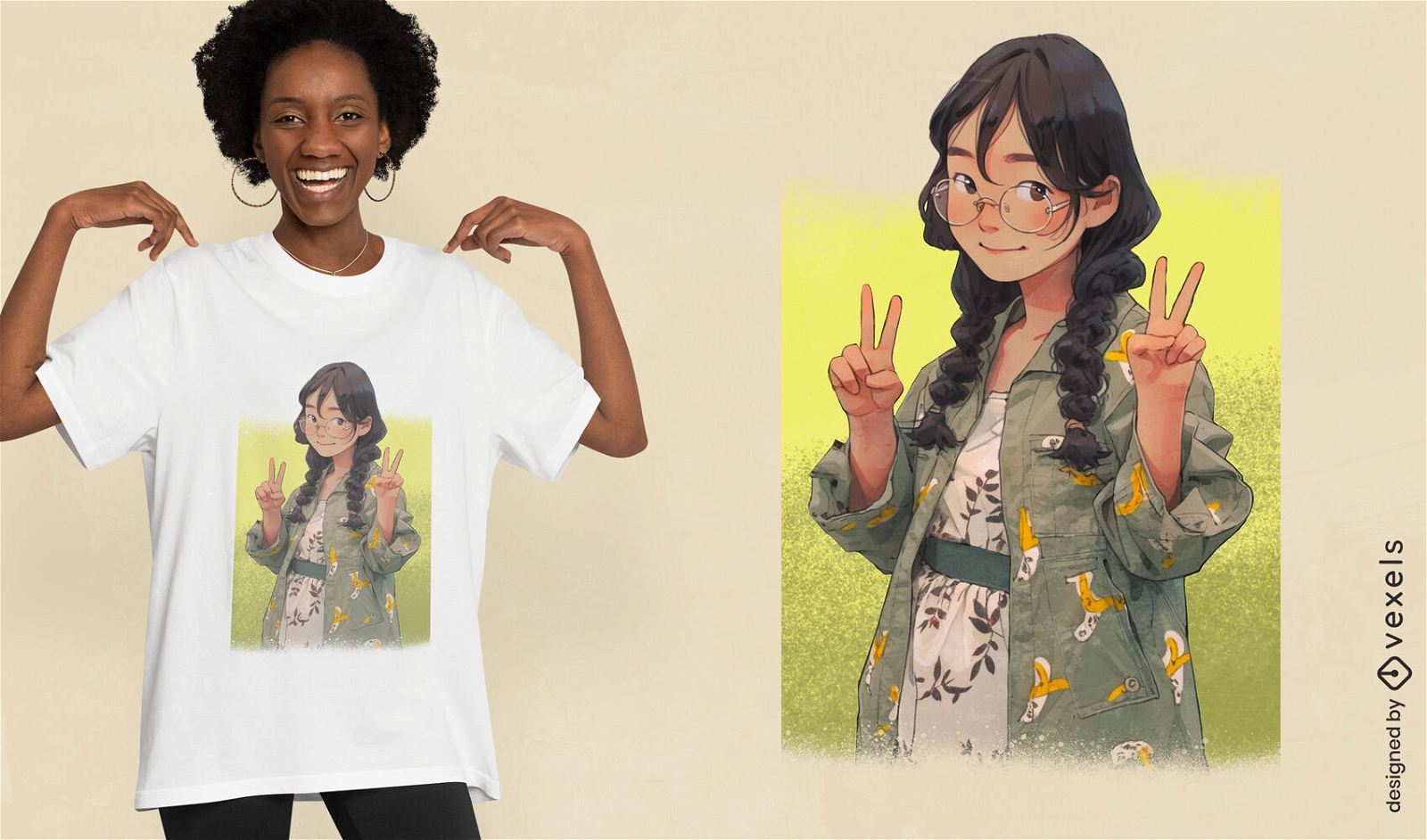 Glückliches klassisches Anime-Frauen-T-Shirt PSD