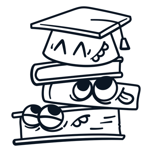 Dibujo en blanco y negro de un birrete de graduación sobre una pila de libros Diseño PNG