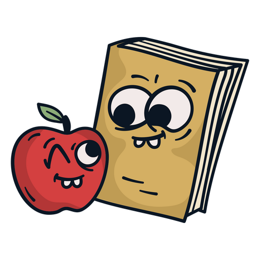 Cartoon book with an apple next to it PNG Design