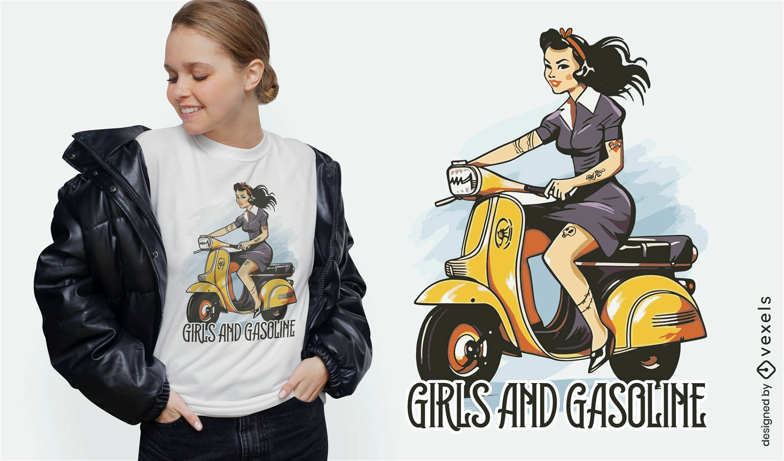 Pin-Up-Girl auf einem Roller-T-Shirt-Design