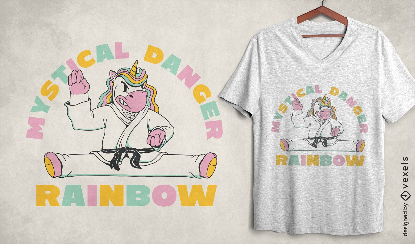 Unicornio en diseño de camiseta de pose de karate.