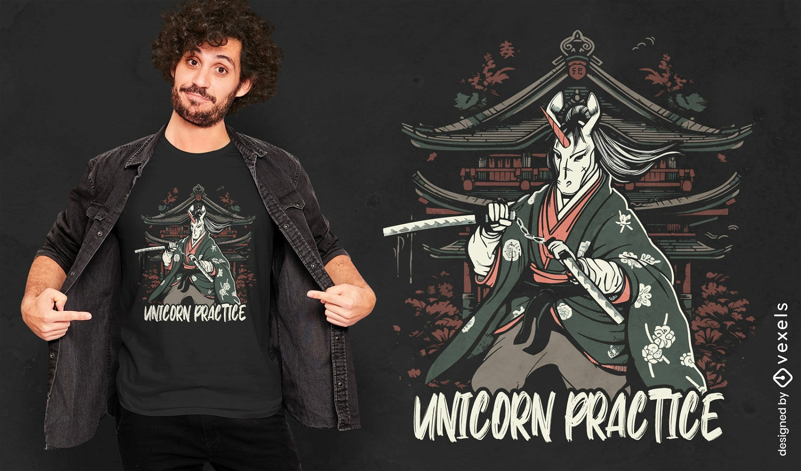 Diseño de camiseta de guerrero samurai unicornio