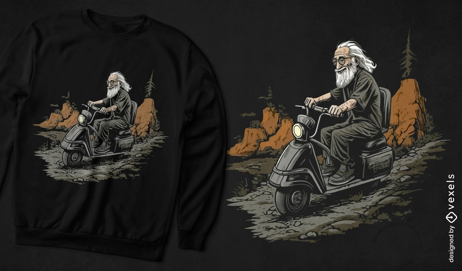 Diseño de camiseta de scooter de conducción de anciano
