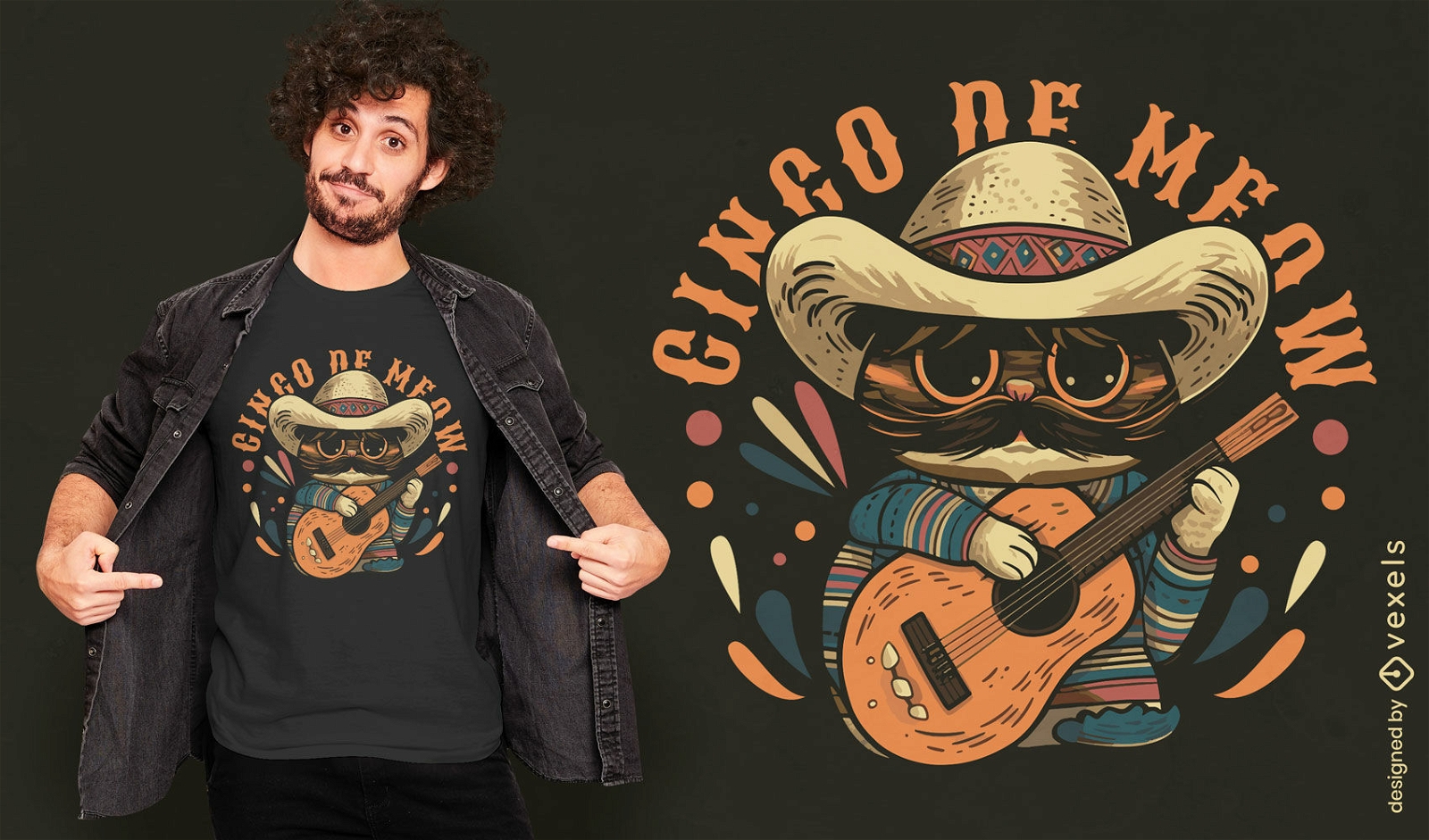 Gato mexicano com design de camiseta de guitarra