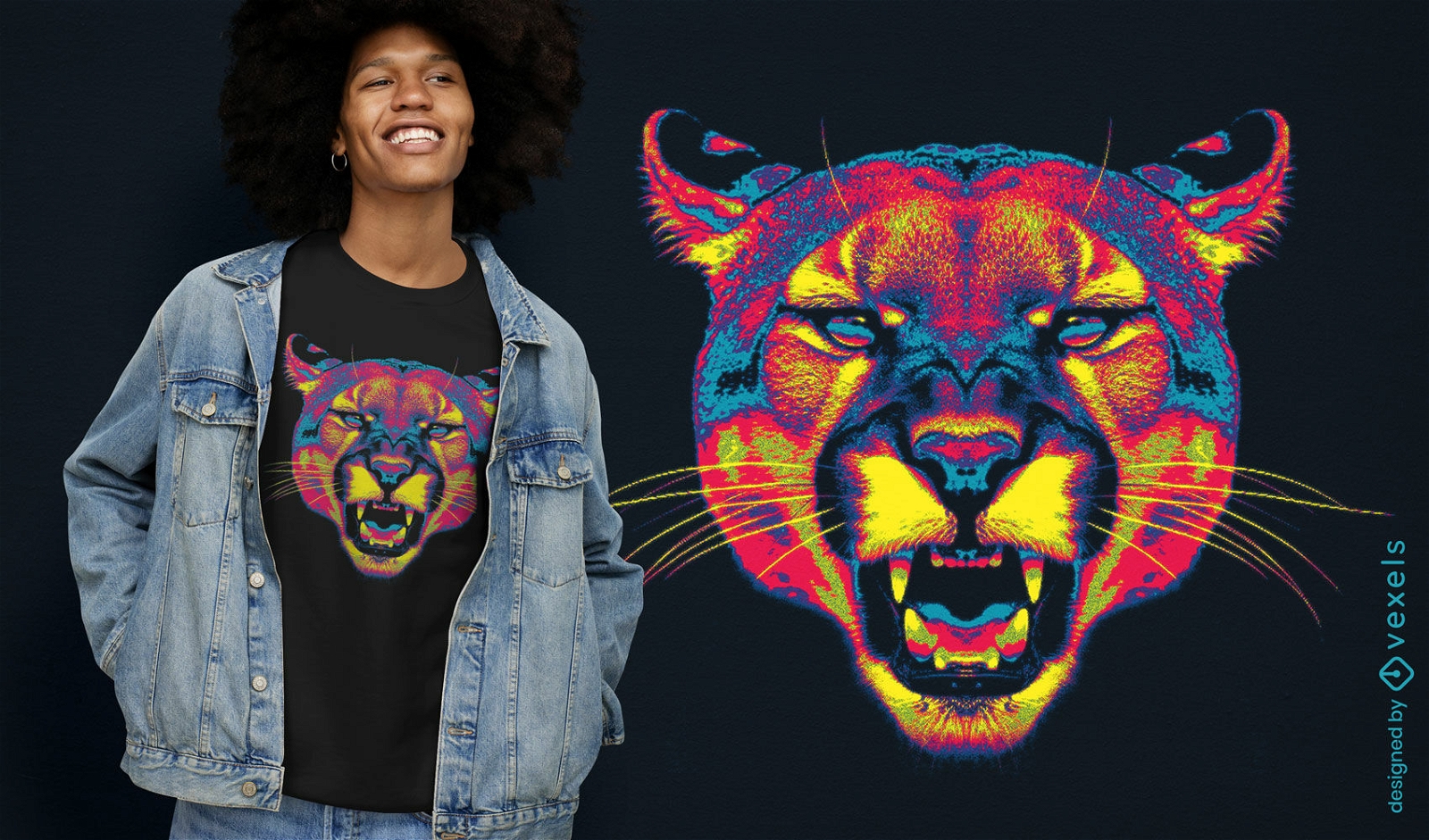 Design de camiseta com rugido felino selvagem neon