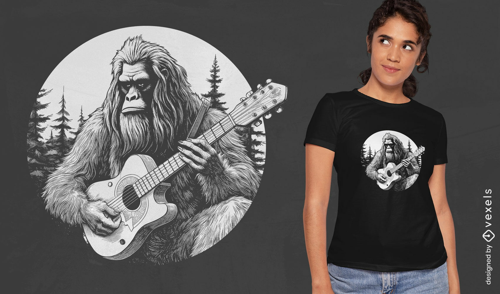 Diseño de camiseta guitarrista Bigfoot.