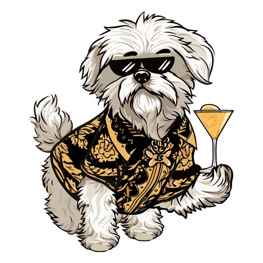 Cachorro branco usando óculos escuros e segurando um martini Desenho PNG