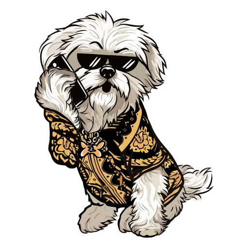 Cachorro branco usando óculos escuros e uma jaqueta dourada falando ao telefone Desenho PNG