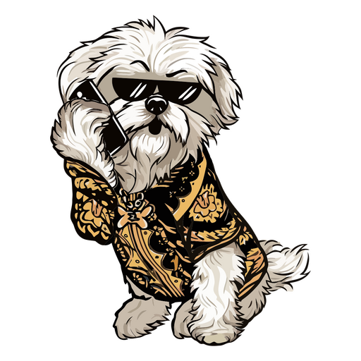 Weißer Hund mit Sonnenbrille und goldener Jacke telefoniert PNG-Design
