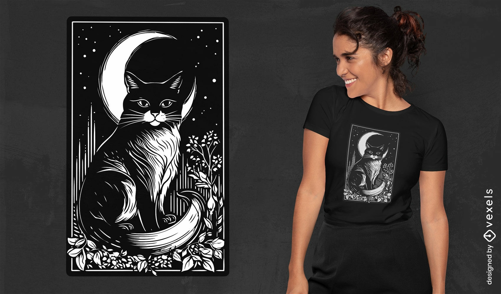 Dise?o de camiseta con tarjeta de gato y luna.