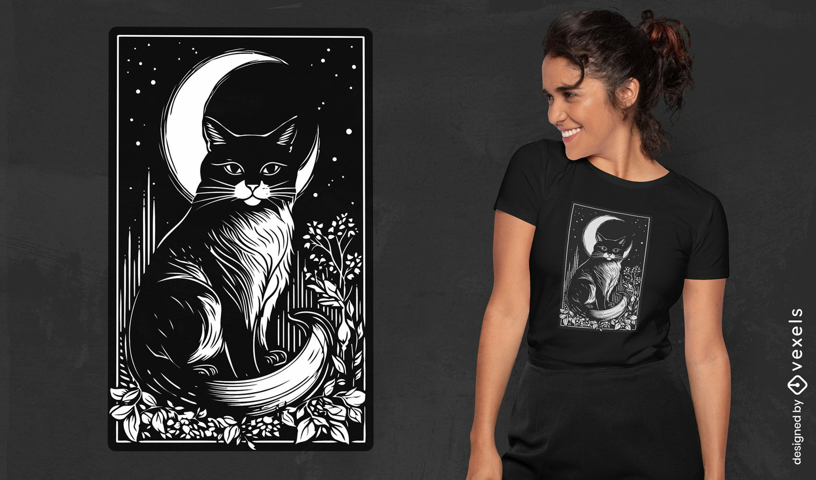 Diseño de camiseta con tarjeta de gato y luna.