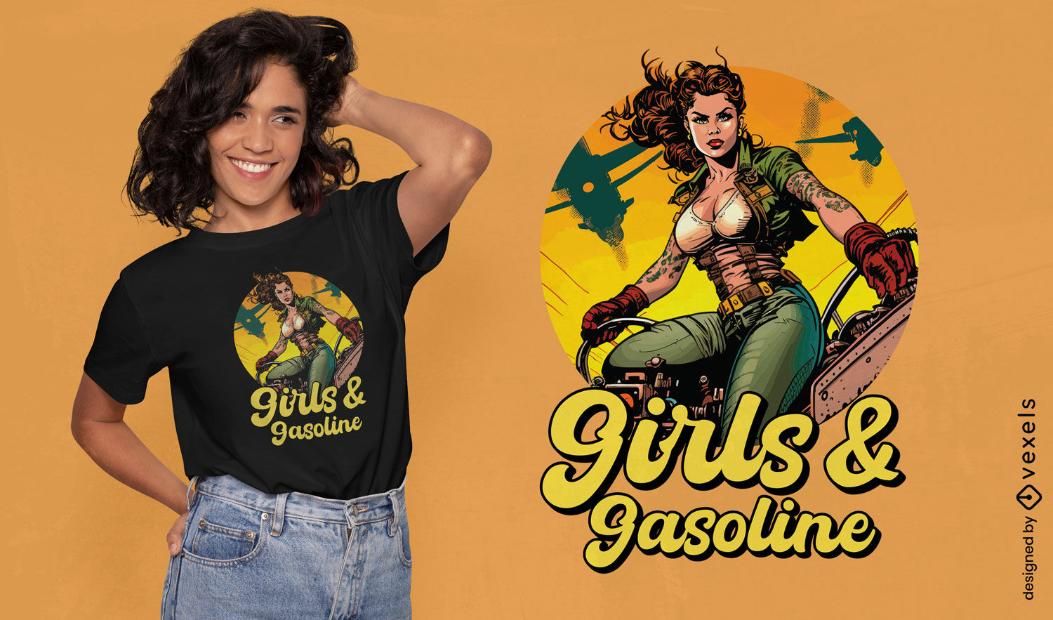 Diseño de camiseta pin up de chicas y gasolina.