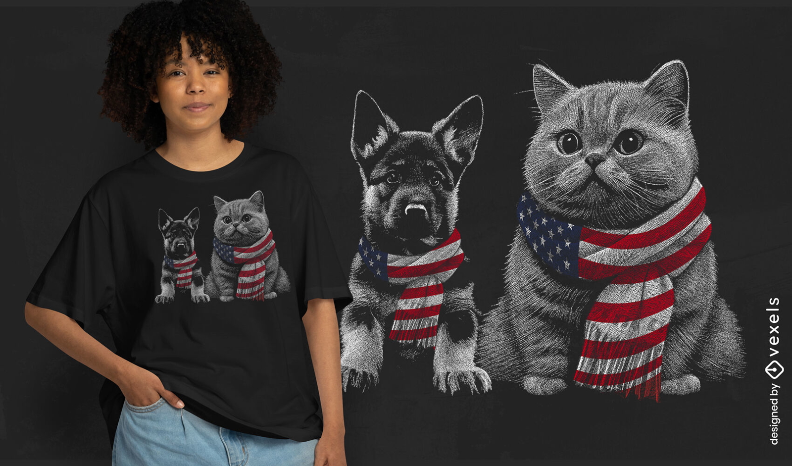 Animales patrióticos en diseño de camiseta con bandera de EE. UU.