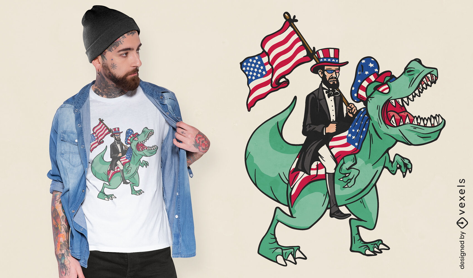 Lincoln montando un diseño de camiseta t-rex