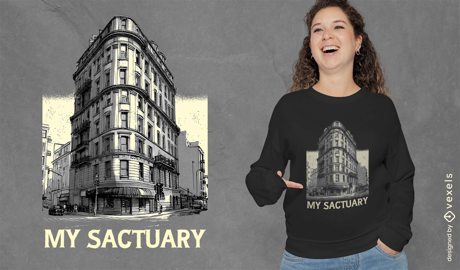 Diseño de camiseta de edificio de santuario urbano.