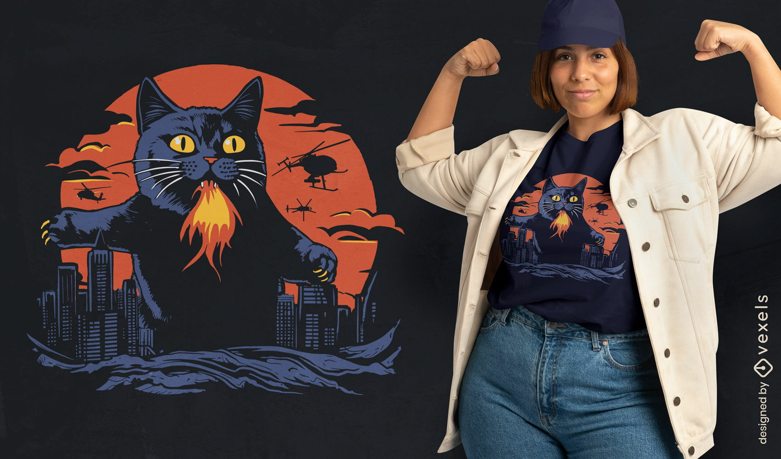 Design de camiseta paródia de gato monstro