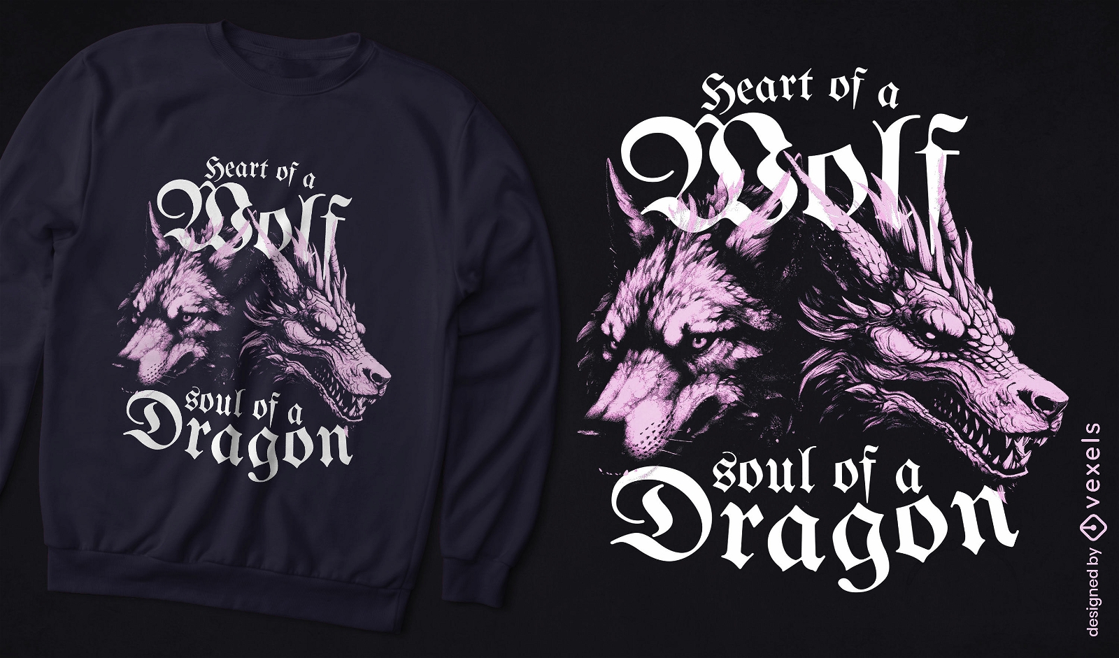 Design de camiseta com esp?rito de lobo e drag?o