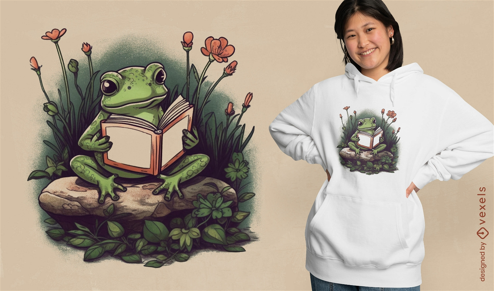 Diseño de camiseta de libro de lectura de animales de rana