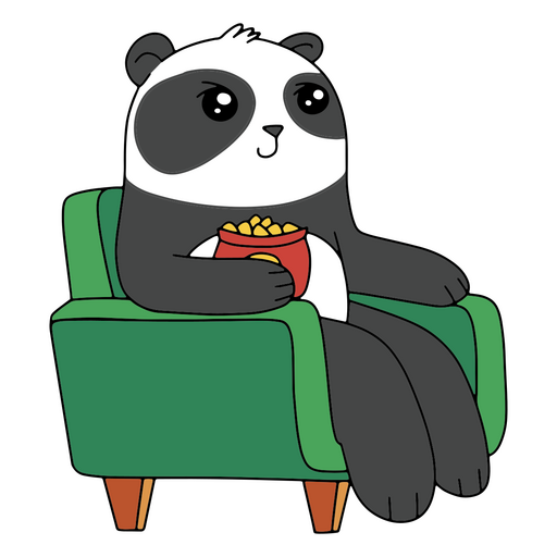 Panda sentado en una silla y comiendo palomitas de maíz. Diseño PNG