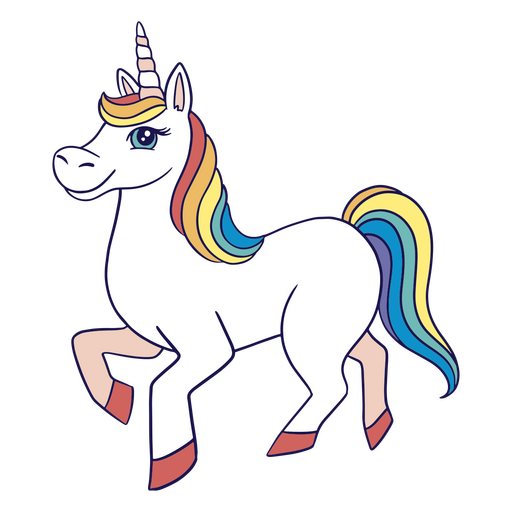 Unicornio blanco con una melena arcoíris de pie. Diseño PNG