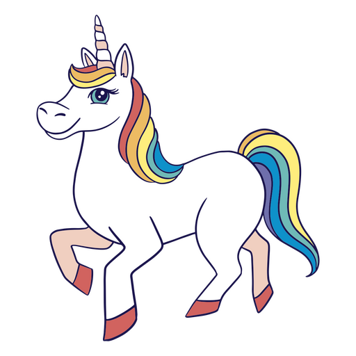 White unicorn with a rainbow mane standing PNG Design