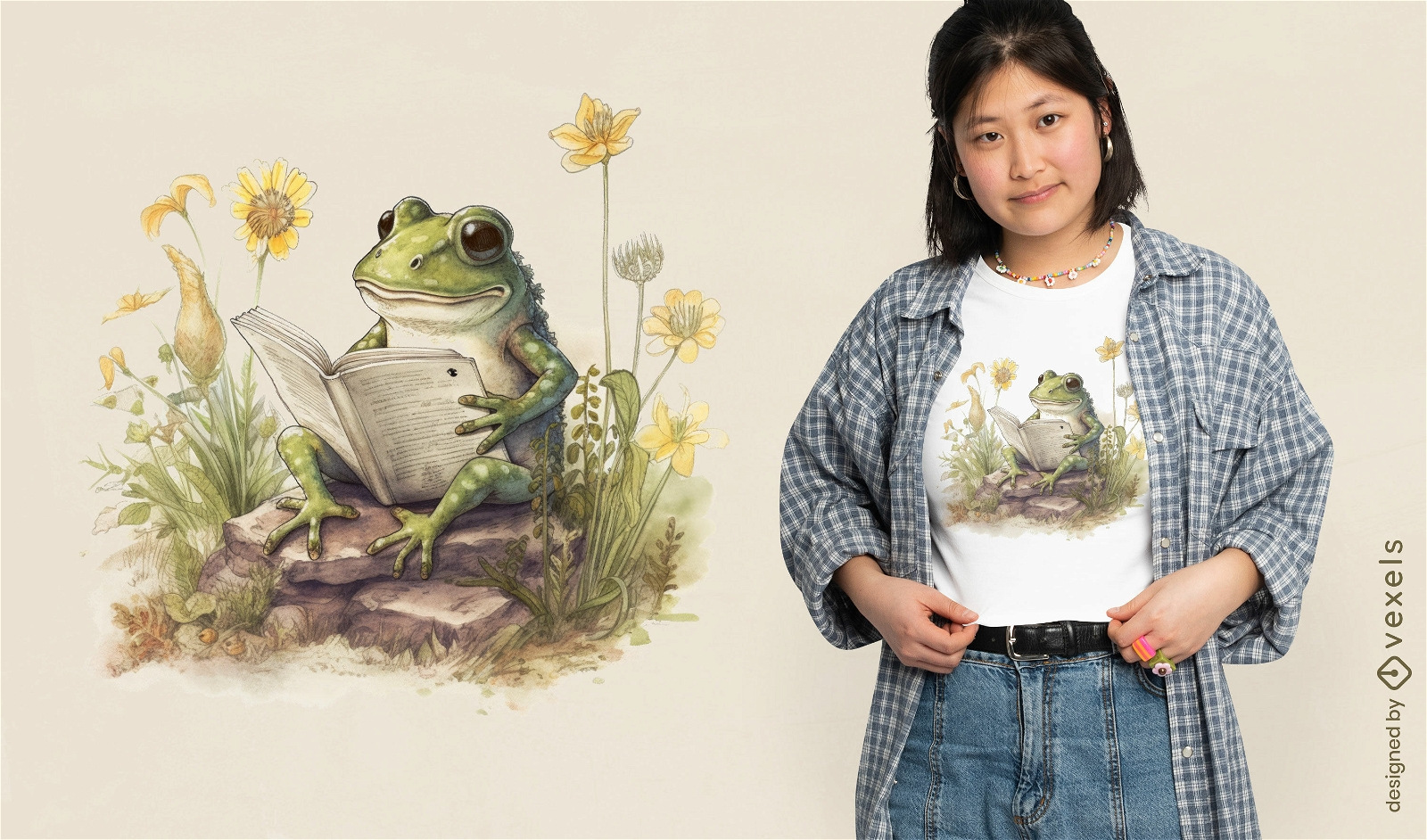 Diseño de camiseta de acuarela de rana leyendo.