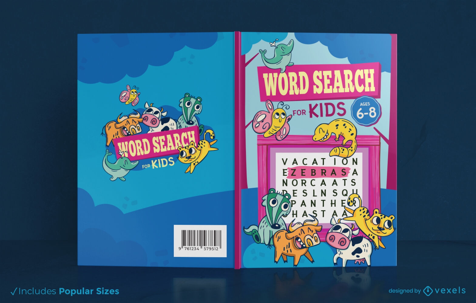 Diseño de portada de libro infantil de sopa de letras con animales KDP