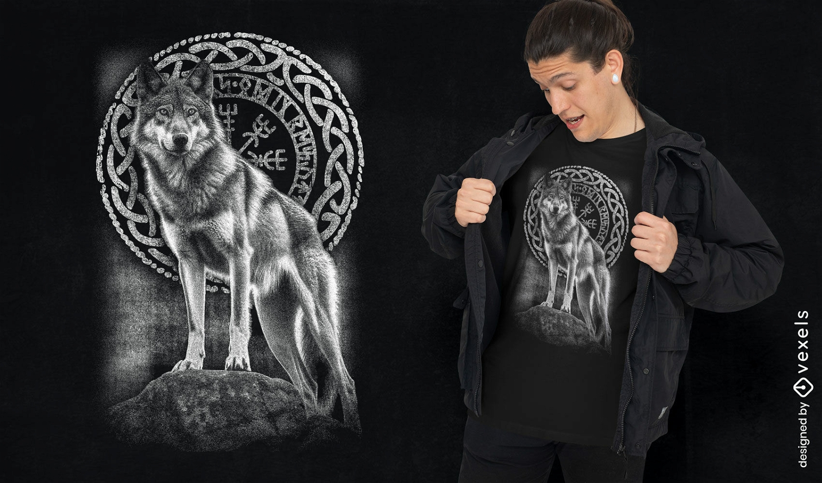 Diseño de camiseta de runa de lobo nórdico.