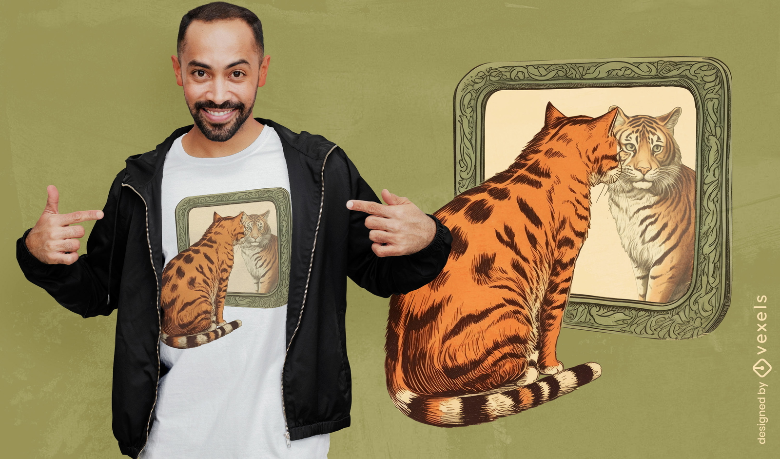 Diseño de camiseta de tigre y gato mirando en el espejo