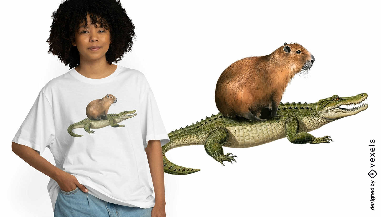 Design de camiseta de capivara e crocodilo