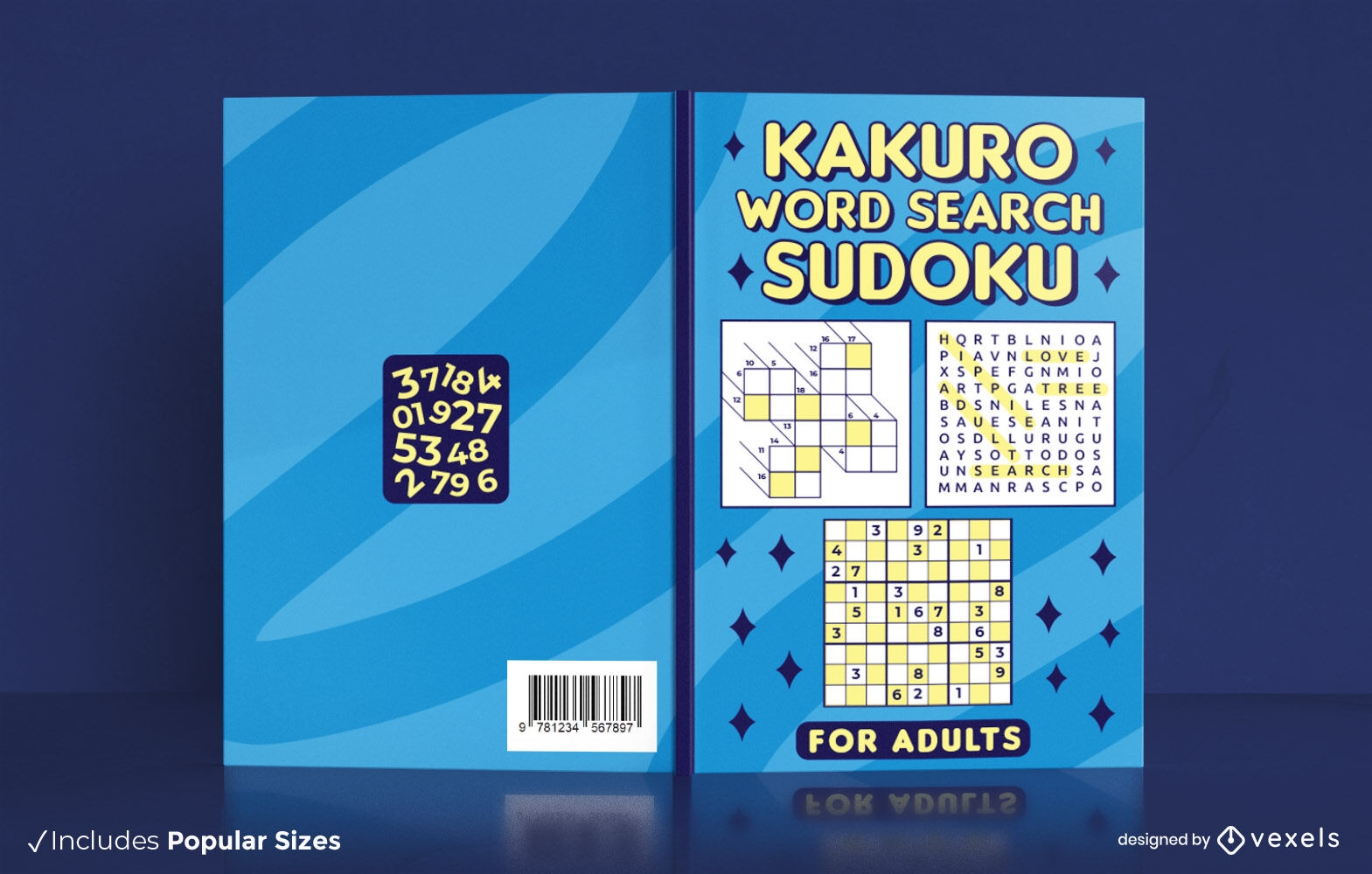 Búsqueda de palabras Kakuro y diseño de portada de libro sudoku KDP