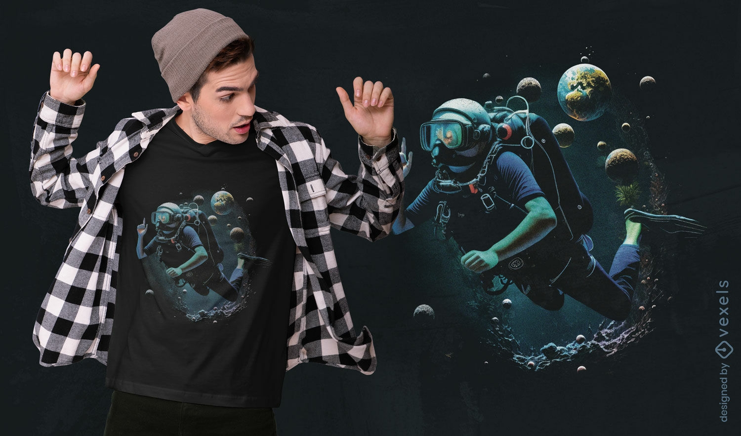 Design de camiseta de astronauta mergulhando em planetas