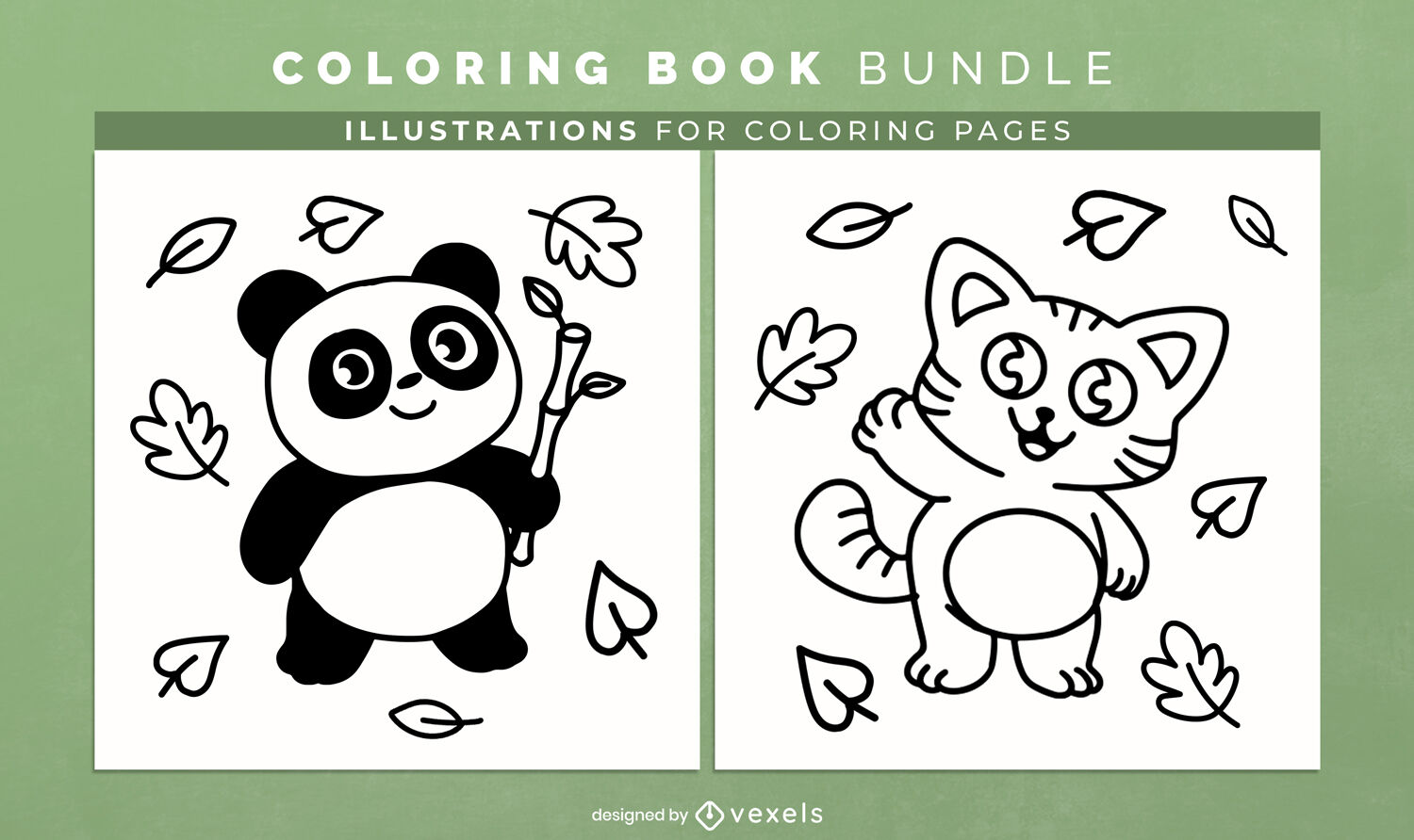 Páginas de design de livro de colorir fofo de panda e gato