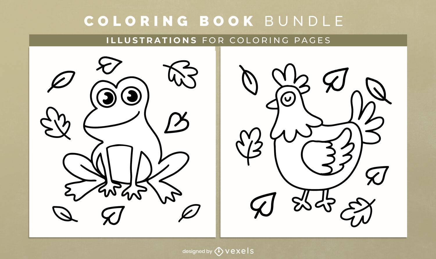 Cute frog and chicken coloring book design pages