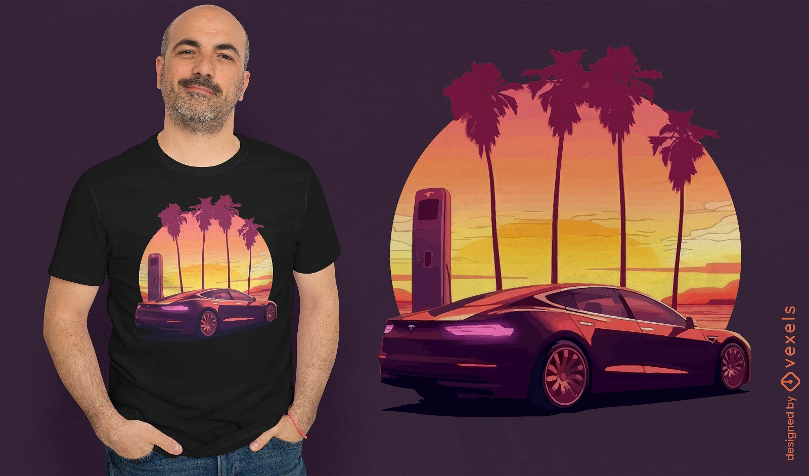 Design de camiseta por do sol neon de carro elétrico