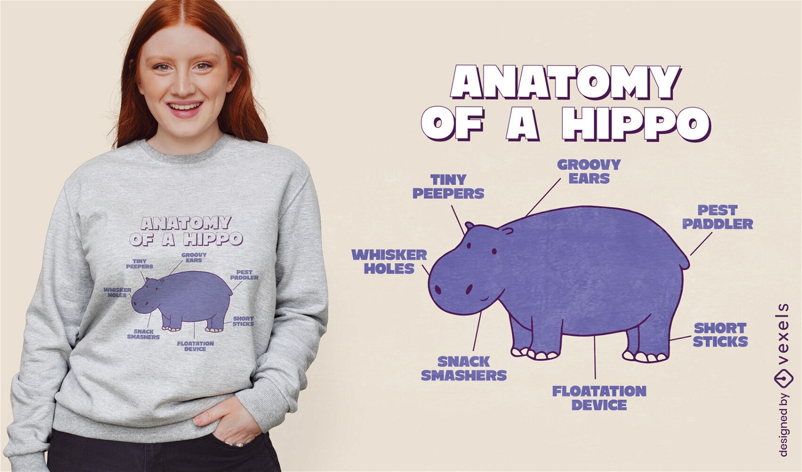 Design de camiseta de anatomia de desenho animado de hipopótamo