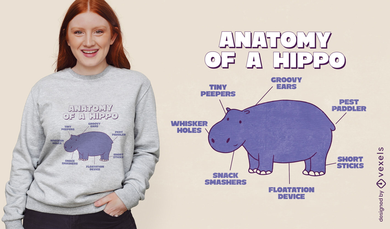 Diseño de camiseta de anatomía de dibujos animados de animales de hipopótamo