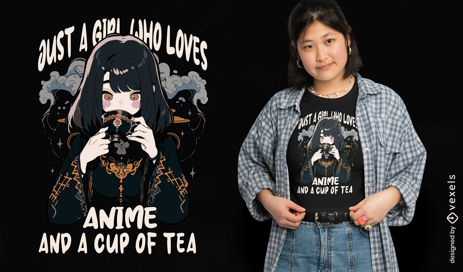 Design de camiseta de anime menina bebendo ch?