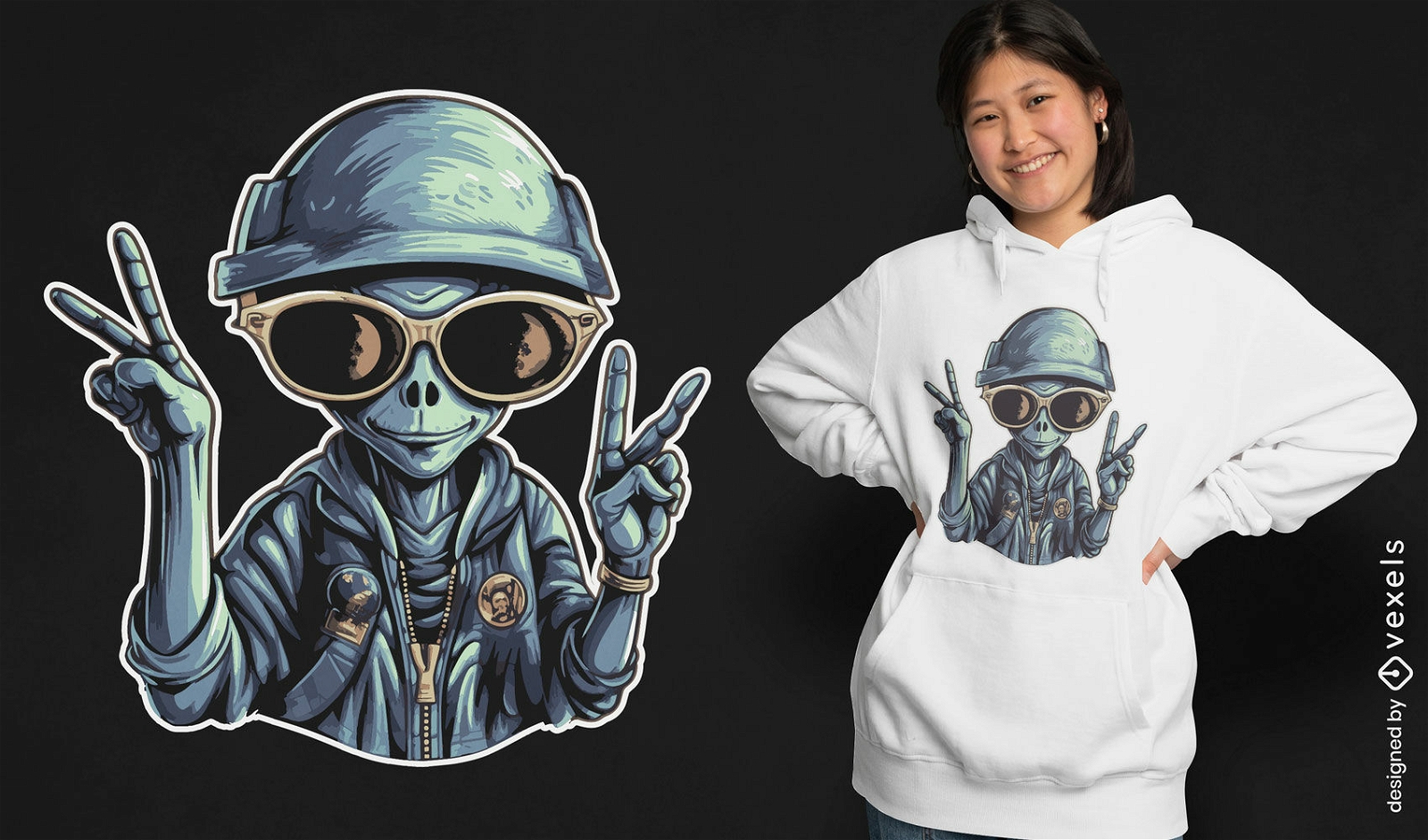 Cooles Alien, das ein Friedenszeichen-T-Shirt-Design macht
