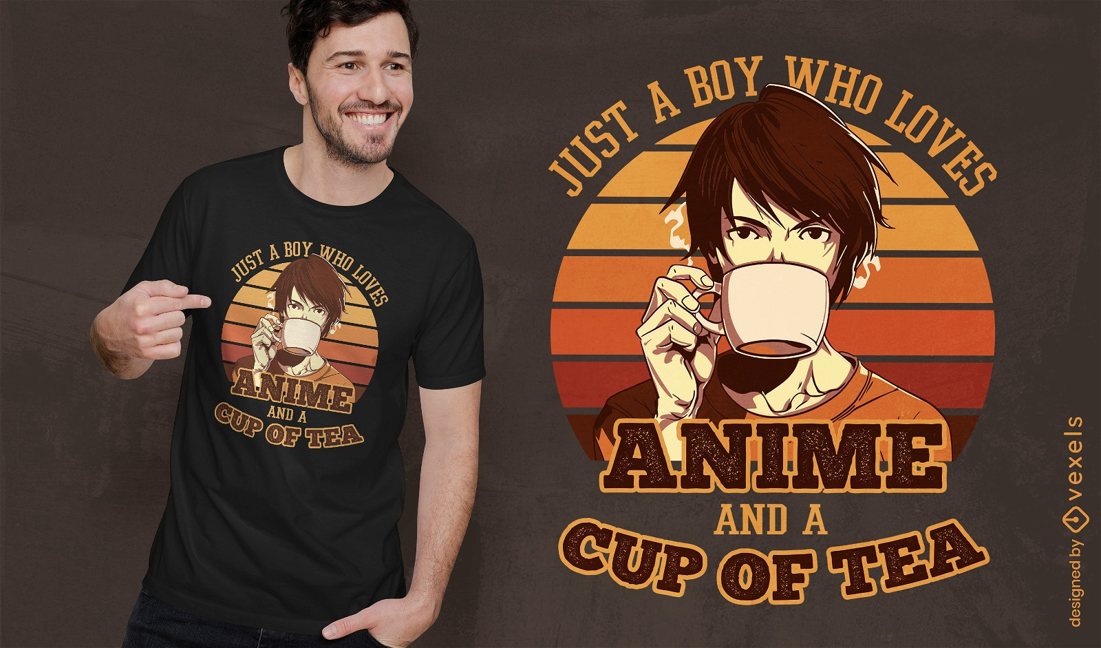Man drinking tea retro sunset t-shirt design